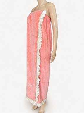 Vintage Helene Martex Invitation Coral Pink Lace-Trim Spa Towel Maxi Wrap OSFM
